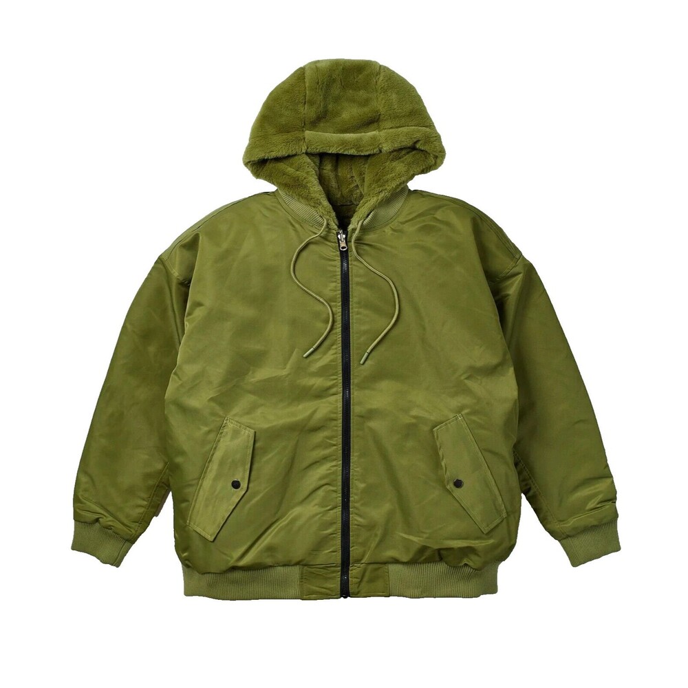 Reason Men’s Olive Green Reversible Faux Fur Hooded Bomber Jacket Size XL